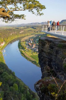New Basteiaussicht with view of the Elbe valley to Rathen and the Elbe, Lohmen, Saxon Switzerland,