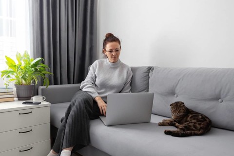 A woman in casual attire works on her laptop while sitting on a gray sofa next to a relaxed tabby