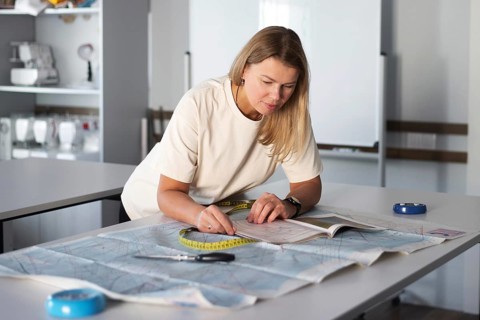 A woman is focused on her task in a sewing workshop, measuring fabric with a tape measure and