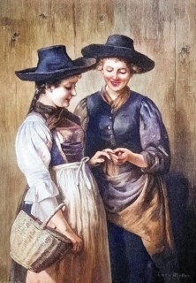 Two woman looking at an engagement ring, coloured wood engraving, reproduction from a model from ca