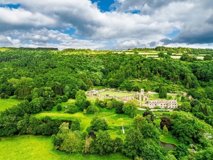 Mount Grace Priory, House and Gardens from a drone, East Harlsey, North Yorkshire, England, United