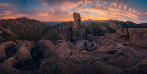 Stunning sunset at Pedriza, Sierra de Guadarrama, Madrid, highlighting dramatic rock formations in