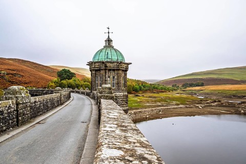 Autumn colors over Craig Goch Dam, Elan Valley Reservoirs, Elan Valley, Rhayader, Powys, Wales, UK