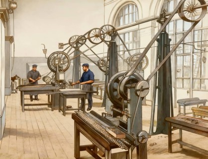 Historical illustration, 19th Century, engine room at the Royal Mint in London, industrial coin