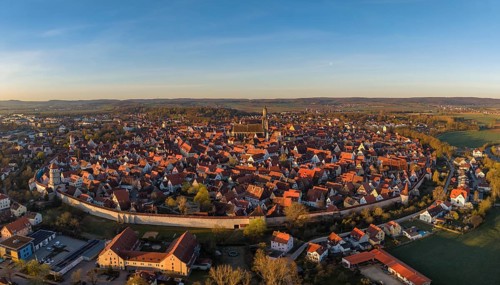 Aerial view, panorama of the historic old town of Nördlingen with the completely comprehensive and