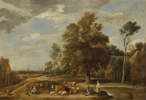 Village landscape with shepherds, a milkmaid, cattle, sheep and a dog, with a town behind, painting