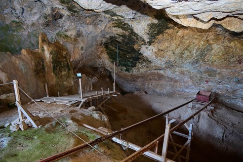 View of a barren cave environment with wooden walkways and natural rock structures, museum,