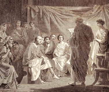 Meeting of the first Christians in Rome, the letter of Saint Paul is read aloud, epistle Paul to