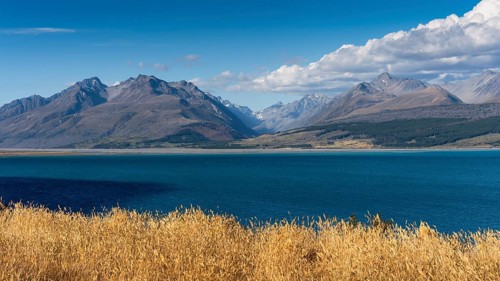 Landscape with mountains and lake. Lake Pukaki, Canterbury, South Island, New Zealand
