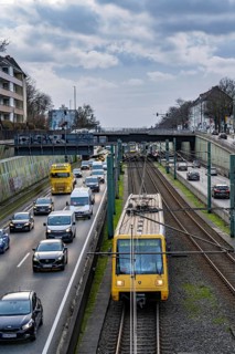 The Hausackerbrücke, inner-city road bridge over the A40 motorway and the U18 light rail line,