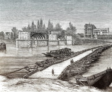Zerstörte Brücke, mit Pontonbrücke daneben, Asnières, die Belagerung und die Kommune von Paris