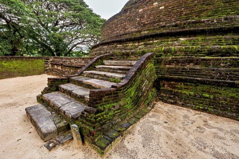 Treaded ancient brick steps, partly covered with moss, temple ruins near Sigiriya in Sri Lanka