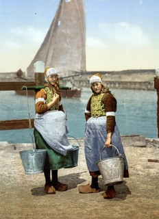 Native girls, Marken Island, Holland, ca 1895, Historical, digitally restored reproduction from a
