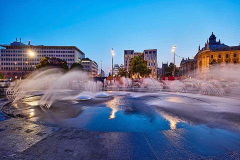 Fountain, water fountain, square, general architecture, commercial building, modern building,