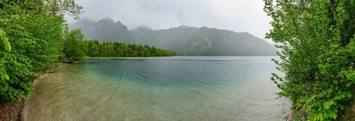 Landscape of Lake Offensee on a rainy day in spring, Salzkammergut, Austria