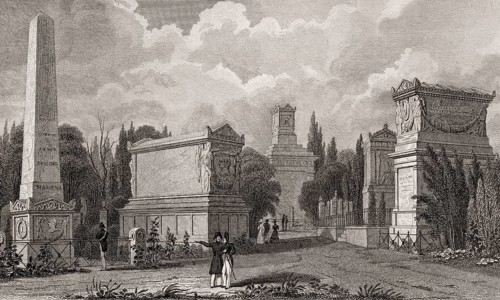 Monuments of Masséna and Lefebvre, Père Lachaise Cemetery, Paris, antique steel engraved print,