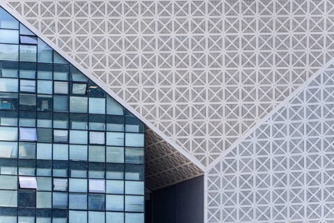 A striking view of modern architecture in Tbilisi, showcasing a detailed geometric facade