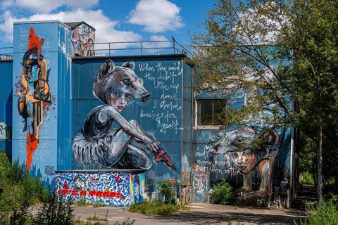 Graffiti on the former US eavesdropping facility on Teufelsberg in Grunewald, Berlin, Germany