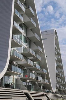 Futuristic apartment house Bølgen, The Wave, Vejle, Jutland, Denmark, Scandinavia