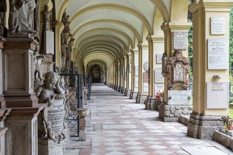 Arcade pillars in the historic St. Sebastian Cemetery, Salzburg, Austria