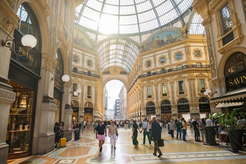 View of the Galleria Vittorio Emanuele with its many luxury shops in Milan on a sunny day, Milan,
