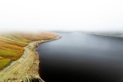 Autumn over Claerwen Dam, Claerwen Valley, Elan Valley Reservoir, Rhayader, Powys, Wales, UK