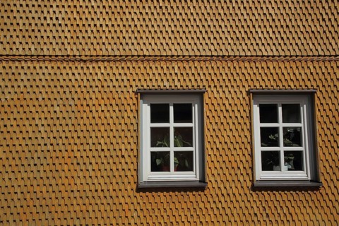 Yellow house wall made of wooden shingles with two windows, pattern, Bischofsheim, Rhön, Bavaria,
