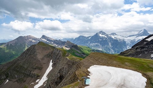 View from the summit of Faulhorn, Finsteraarhorn and Schreckhorn mountain peaks, Bernese Alps,