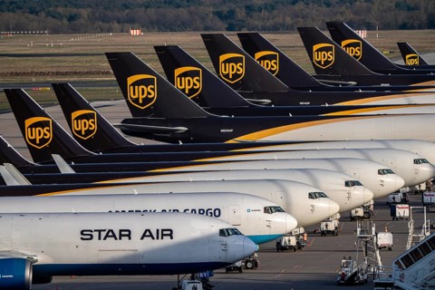 Cologne-Bonn airport, CGN, air freight center, UPS Logisic Hub, UPS cargo aircraft on the apron,