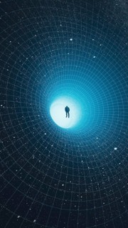 A man stands at the edge of a black hole, gazing into the depths of the universe, surrounded by