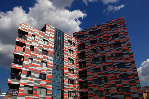 Romania, capital Bucharest, Bucuresti, colorful high-rise building