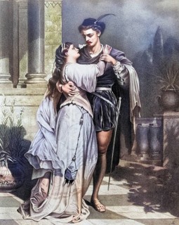 Romeo and Juliet after a 19th century engraving, Historic, digitally restored reproduction from a