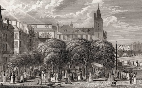 Marché aux fleurs Reine-Elizabeth-II, Paris, antique steel engraved print, 1831