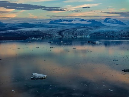 Ice floes, glacier, glacier tongue, fog, clouds, morning mood, mountains, reflection, aerial view,