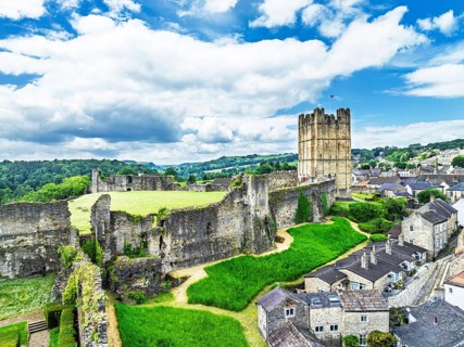 Richmond Castle from a drone, Richmond, Yorkshire Dales, North Yorkshire, England, United Kingdom