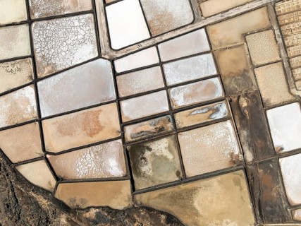 Salt mining plant, Salinas de Janubio, top-down, near Yaiza, drone shot, Lanzarote, Canary Islands,