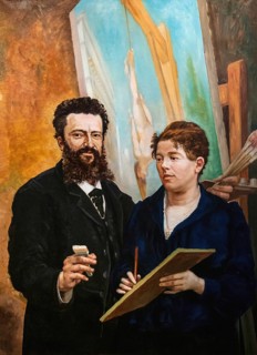 Self-portrait with woman Amelie, painting by Jean-Baptiste Cariven (1843 to 1904, French painter),