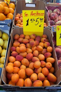 Apricots, Prunus armeniaca at a market stall, Hanover, Lower Saxony, Germany, Europe, Aprikosen an