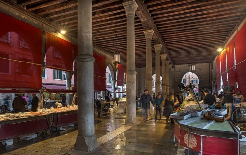Fish market, rialto market in the San Polo district, Venice, Veneto, Italy