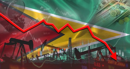Fall oil price with Guyanese flag on economic chart. Petrol crisis with Guyana flag on financial