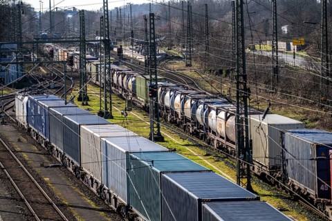 Container trains in the freight yard, so-called installation tracks in Duisburg-Rheinhausen,