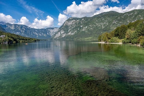 A stunning panoramic view of the crystal-clear emerald waters of Lake Bohinj surrounded by lush