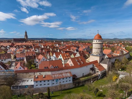 Aerial view of the historic old town of Nördlingen, with the completely comprehensive and