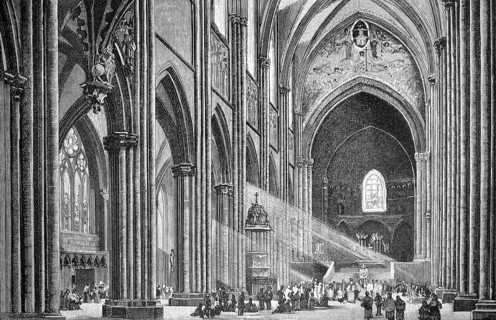 Interior of the cathedral in Strasbourg, Strasbourg Cathedral, 1880, France, illustration,