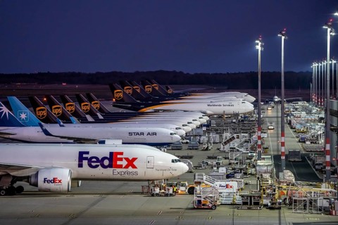 Cologne-Bonn airport, CGN, air freight center, UPS Logisic Hub, UPS cargo aircraft on the apron,