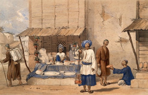 Cabul, a Fuloodeh stall with huzzarehs transporting snow to the market, In Afghanistan, especially