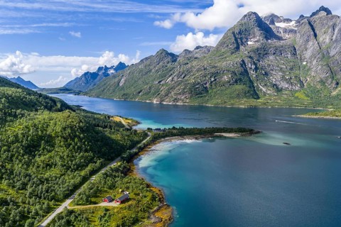 Aerial view of a bay at Raften at the Raftsund, the waterway between Lofoten and Vesteralen, Norway