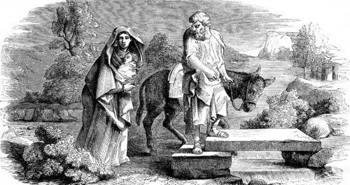 The flight into Egypt, chapter 2, verse 14, Gospel of Matthew, mother Mary, Joseph, baby, donkey,