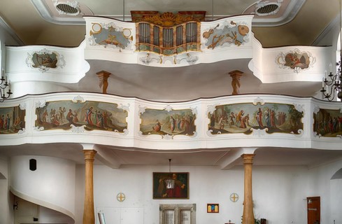 Interior view, organ brochure, Heilig Geist Hospital Church, Wangen im Allgäu, Bavaria, Germany