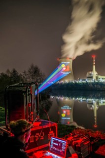 Protest action broadcast by the anti-nuclear organization, projection, night view, 05-03-2026,